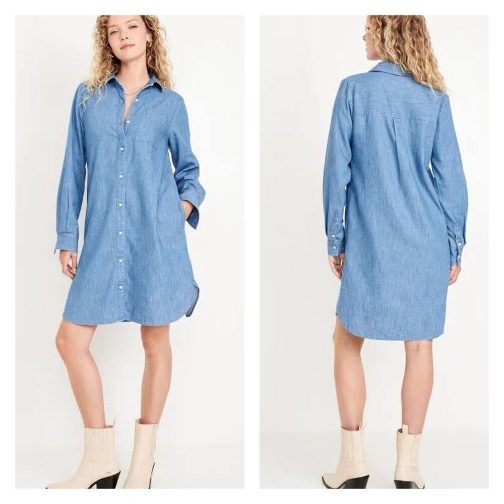 Old Navy Chambray Shirt Dress  Button Down Medium Lyocell Medium‎ Wash Blue